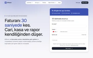 Bi'Bulut açılış sayfası, mavi aksan: 'Faturanı 30 saniyede kes' başlığı ve geri arama formu