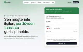 Bi'Emlak açılış sayfası, yeşil aksan: 'Sen müşterinle ilgilen, portföyden tahsilata gerisi panelde'