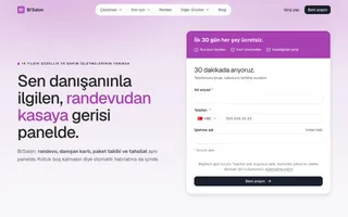 Bi'Salon açılış sayfası, mor aksan: 'Sen danışanınla ilgilen, randevudan kasaya gerisi panelde'