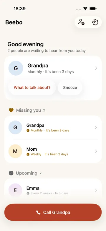 Home screen: the people waiting to hear from you, with a Call button